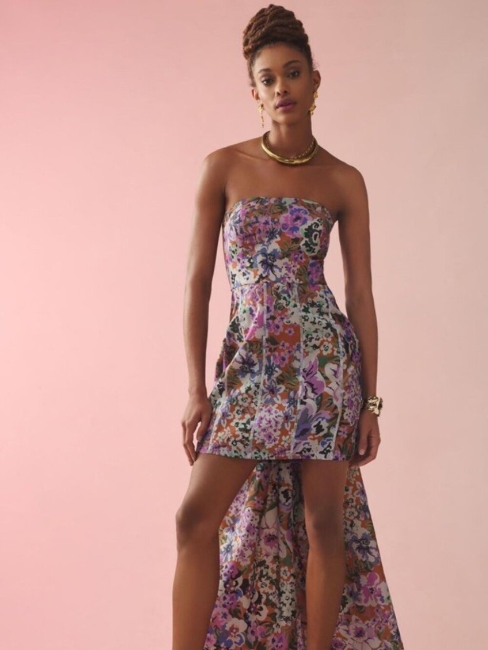 NWT Anthropologie Geisha Designs Strapless Mini Purple Floral Dress w/ train, XL